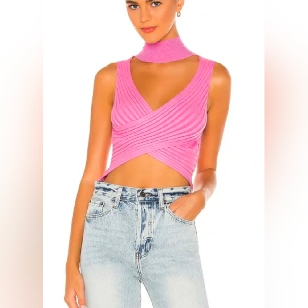 Superdown Alora Wrap Ribbed Crop Top Turtle Neck Criss Cross Pink Size M